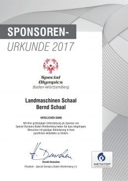 Förderurkunde von Special Olympics Baden-Württemberg für Landmaschinen Schaal, 2017