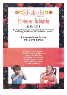 Schulfrucht-Urkunde für die Unterstützung des Schulfruchtprogramms, 2022/23