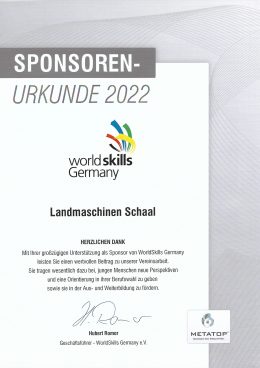 Sponsorenurkunde von WorldSkills Germany für Landmaschinen Schaal, 2022