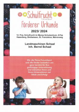 Schulfrucht-Urkunde für die Unterstützung des Schulfruchtprogramms, 2023/24