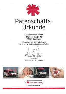 Patenschaftsurkunde der Björn Steiger Stiftung für Landmaschinen Schaal, April 2023