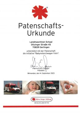 Patenschaftsurkunde der Björn Steiger Stiftung für Landmaschinen Schaal, September 2023