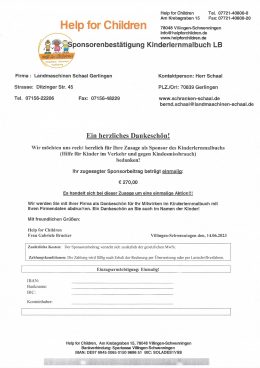 Urkunde von Help for Children für Landmaschinen Schaal, Juni 2023
