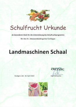 Schulfrucht-Urkunde für die Unterstützung des Schulfruchtprogramms am Ev. Johanneskindergarten Gerlingen, April 2023