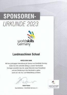 Sponsorenurkunde von WorldSkills Germany für Landmaschinen Schaal, 2023
