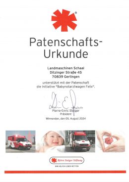 Patenschaftsurkunde der Björn Steiger Stiftung für Landmaschinen Schaal, August 2024