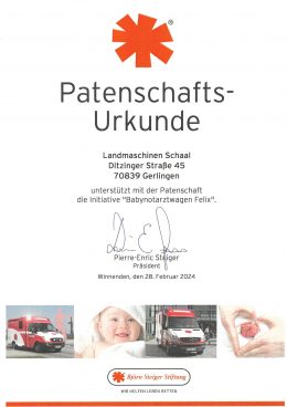 Patenschaftsurkunde der Björn Steiger Stiftung für Landmaschinen Schaal, Februar 2024