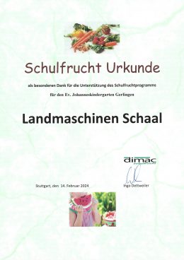 Schulfrucht-Urkunde für die Unterstützung des Schulfruchtprogramms, Februar 2024