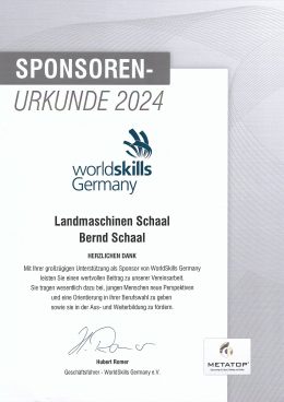 Sponsorenurkunde von WorldSkills Germany für Landmaschinen Schaal, 2024