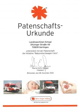 Patenschaftsurkunde der Björn Steiger Stiftung für Landmaschinen Schaal, Dezember 2025