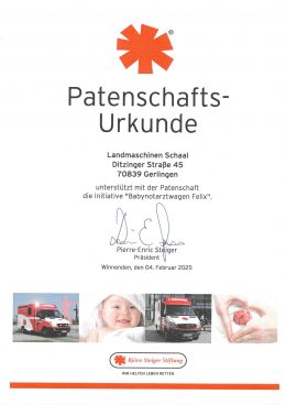 Patenschaftsurkunde der Björn Steiger Stiftung für Landmaschinen Schaal, Februar 2025