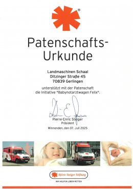 Patenschaftsurkunde der Björn Steiger Stiftung für Landmaschinen Schaal, Juli 2025