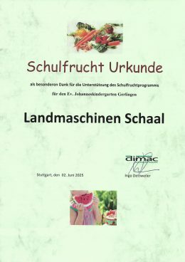 Schulfrucht-Urkunde für die Unterstützung des Schulfruchtprogramms, Juni 2025