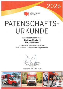 Patenschaftsurkunde der Björn Steiger Stiftung für Landmaschinen Schaal, Mai 2026