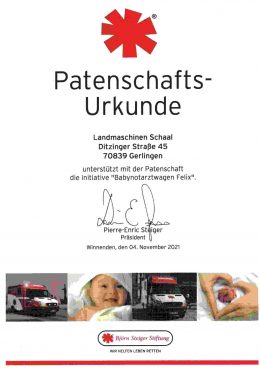 Patenschaftsurkunde der Björn Steiger Stiftung für Landmaschinen Schaal, November 2021