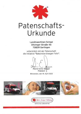 Patenschaftsurkunde der Björn Steiger Stiftung für Landmaschinen Schaal, April 2022