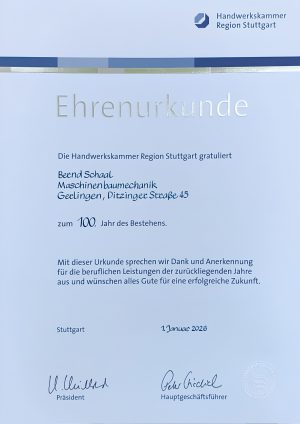 Ehrenurkunde 100 Jahre Schranken Schaal
