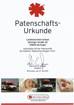 Patenschaftsurkunde der Björn Steiger Stiftung für Landmaschinen Schaal, Mai 2021