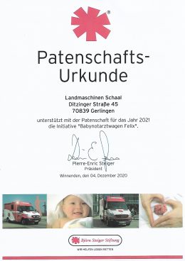 Patenschaftsurkunde der Björn Steiger Stiftung für Landmaschinen Schaal für das Jahr 2021